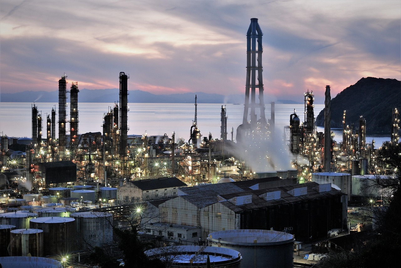 factory night view, refinery, sunset, nature, pollution, urban